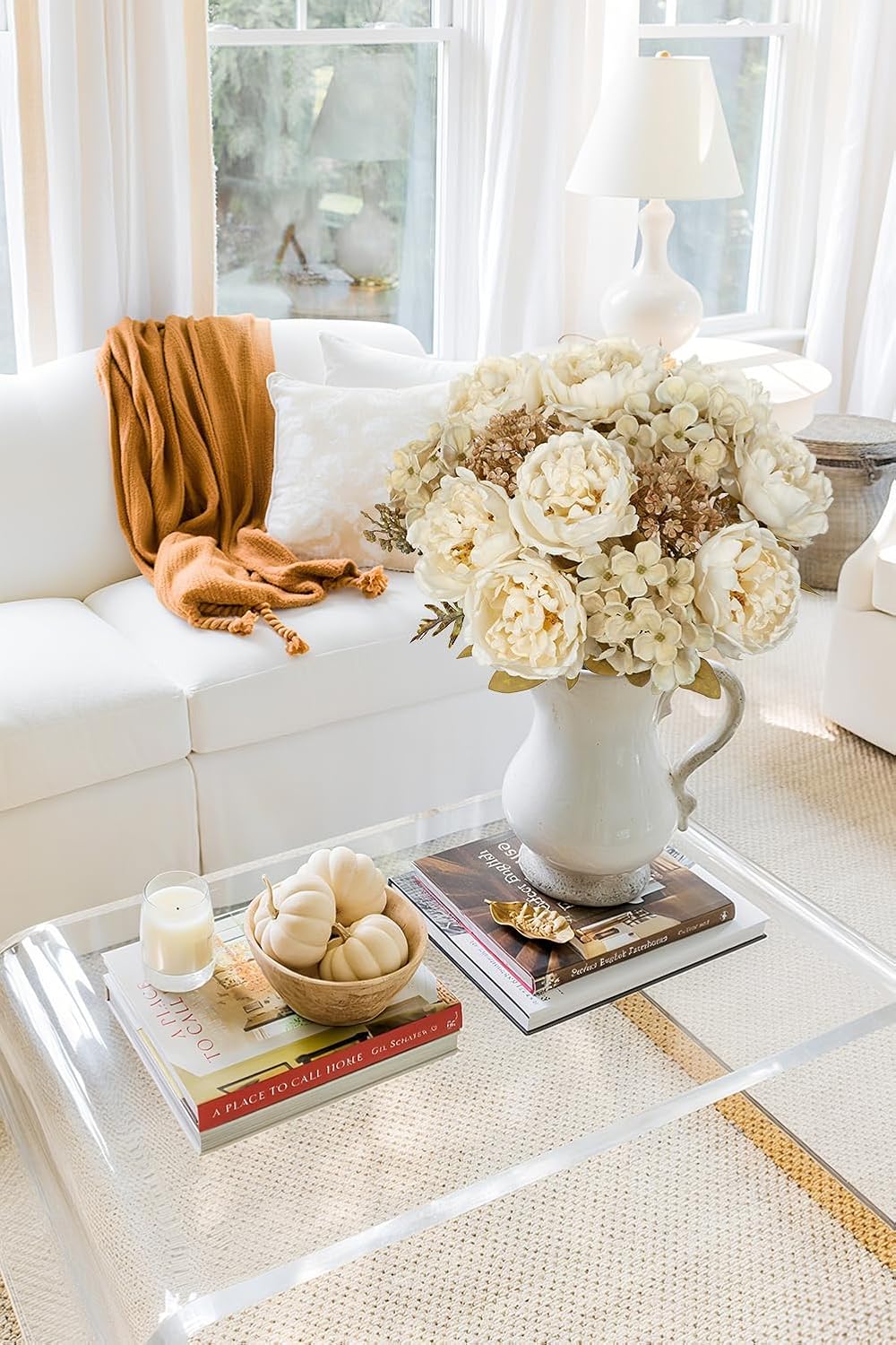 Hollyone 2Pcs Artificial Fall Flowers Bouquet 18.8" White Dried Peony Hydrangea Fake Fall Floral