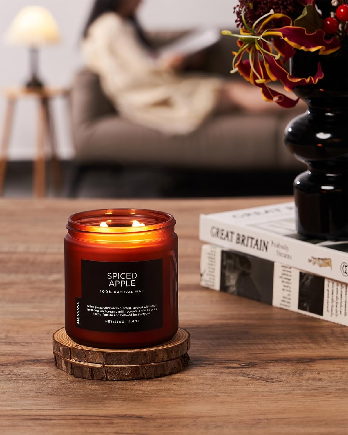M&SENSE Spiced Apple 2 Wick Fall Scented Candle, 11.6oz Natural Soy Wax Candle for Autumn Decor, Up