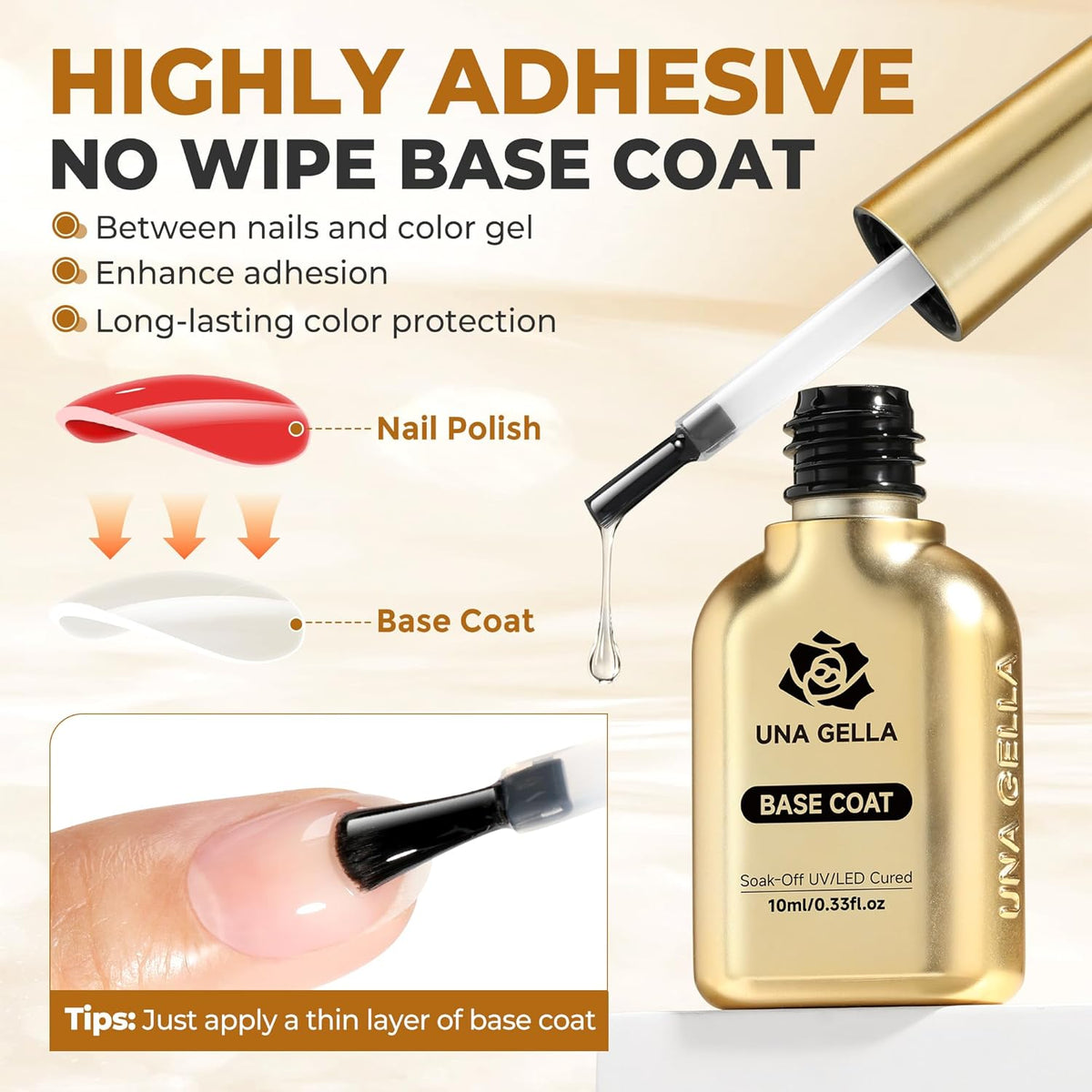 UNA GELLA No Wipe 2PCS Gel Top Coat Base Coat Set, Highly Glossy Top Coat Gel Nail Polish