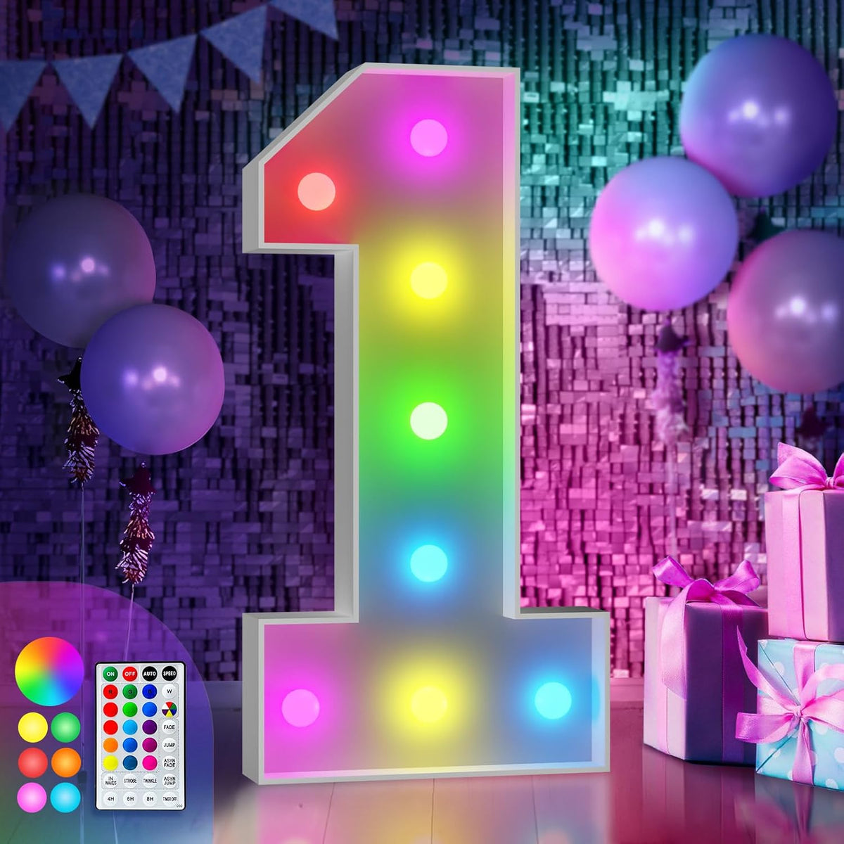 imprsv 3FT Colorful Marquee Numbers,18 Colors Number 1 with Remote, Light Up Numbers Sign for 1st