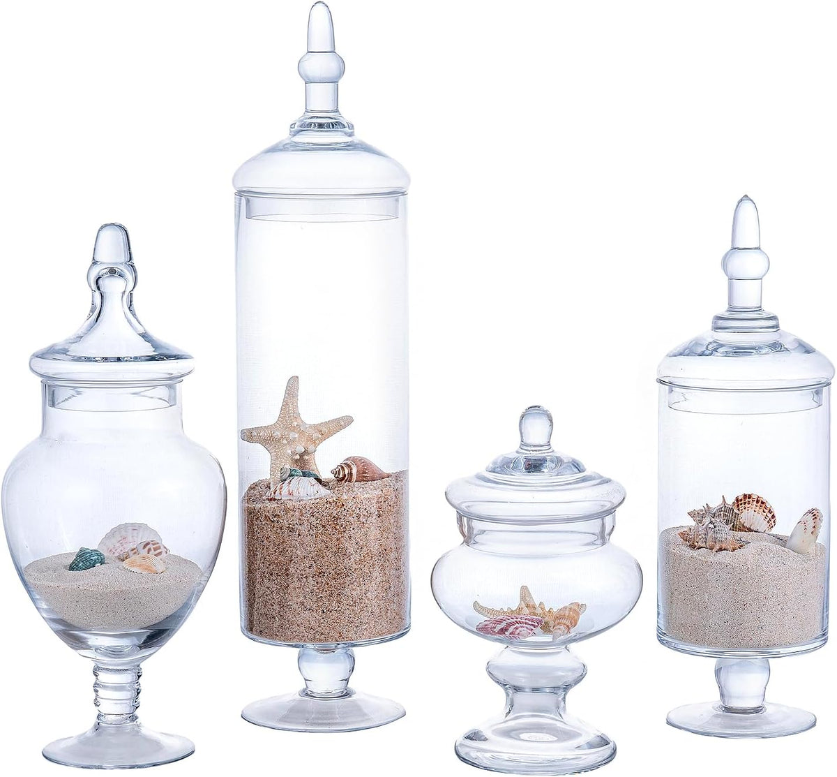 MyGift 4 Piece Set Clear Glass Apothecary Jars with Lids, Bathroom Decor, Candy Buffet, Wedding
