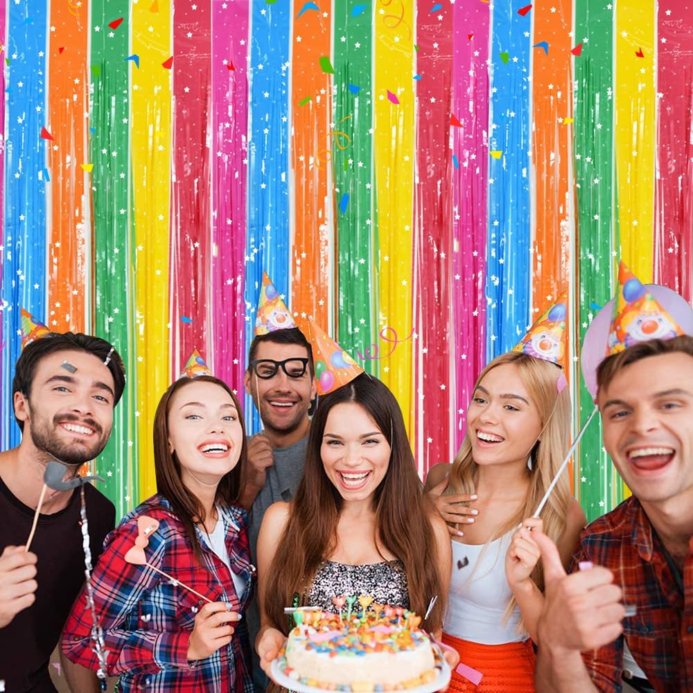 TONIFUL 3Pcs Colorful Door Streamers,Photo Booth Backdrop Metallic Colorful Foil Fringe Curtains