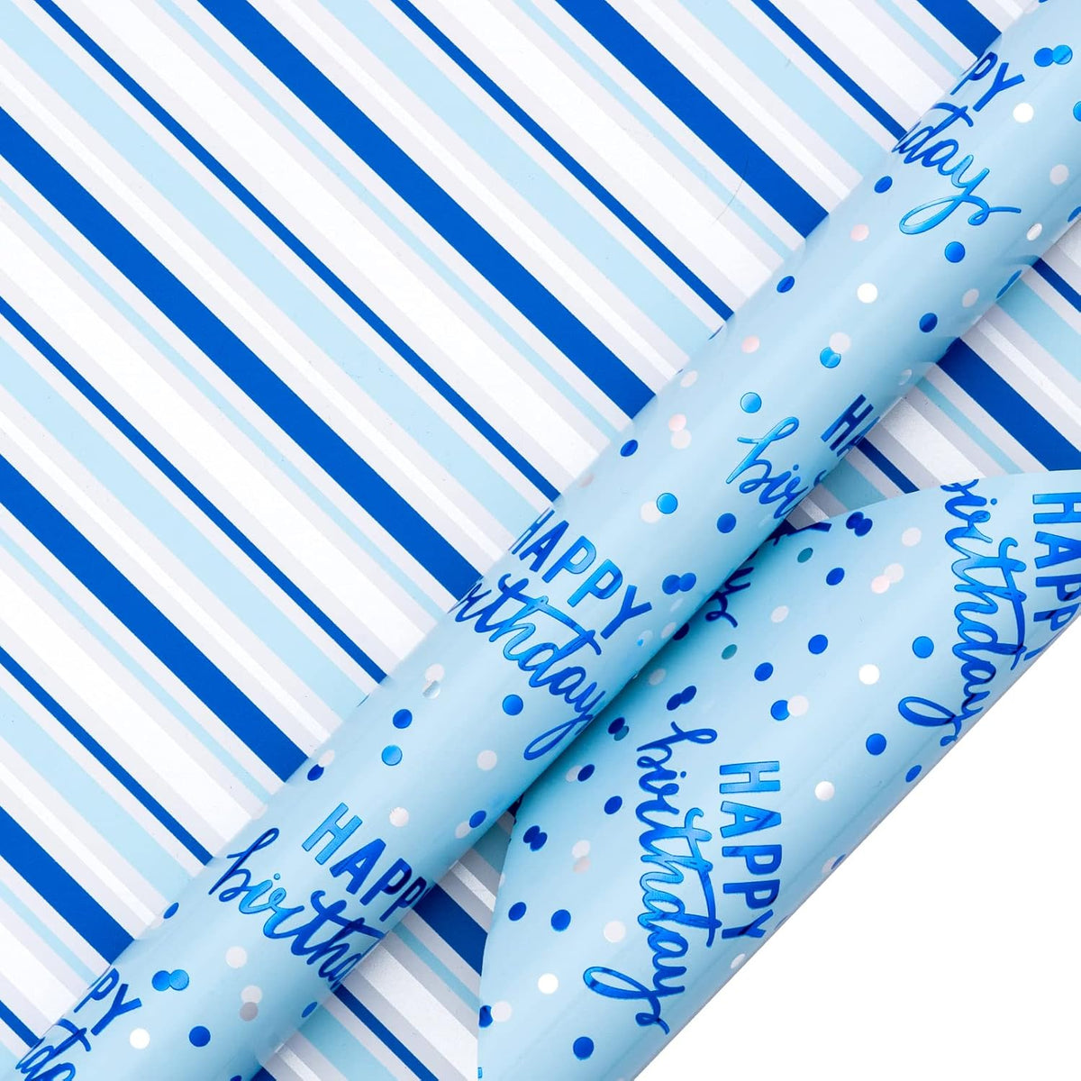LeZakaa Reversible Blue Birthday Wrapping Paper Roll for Boys Men, Happy Birthday Lettering &