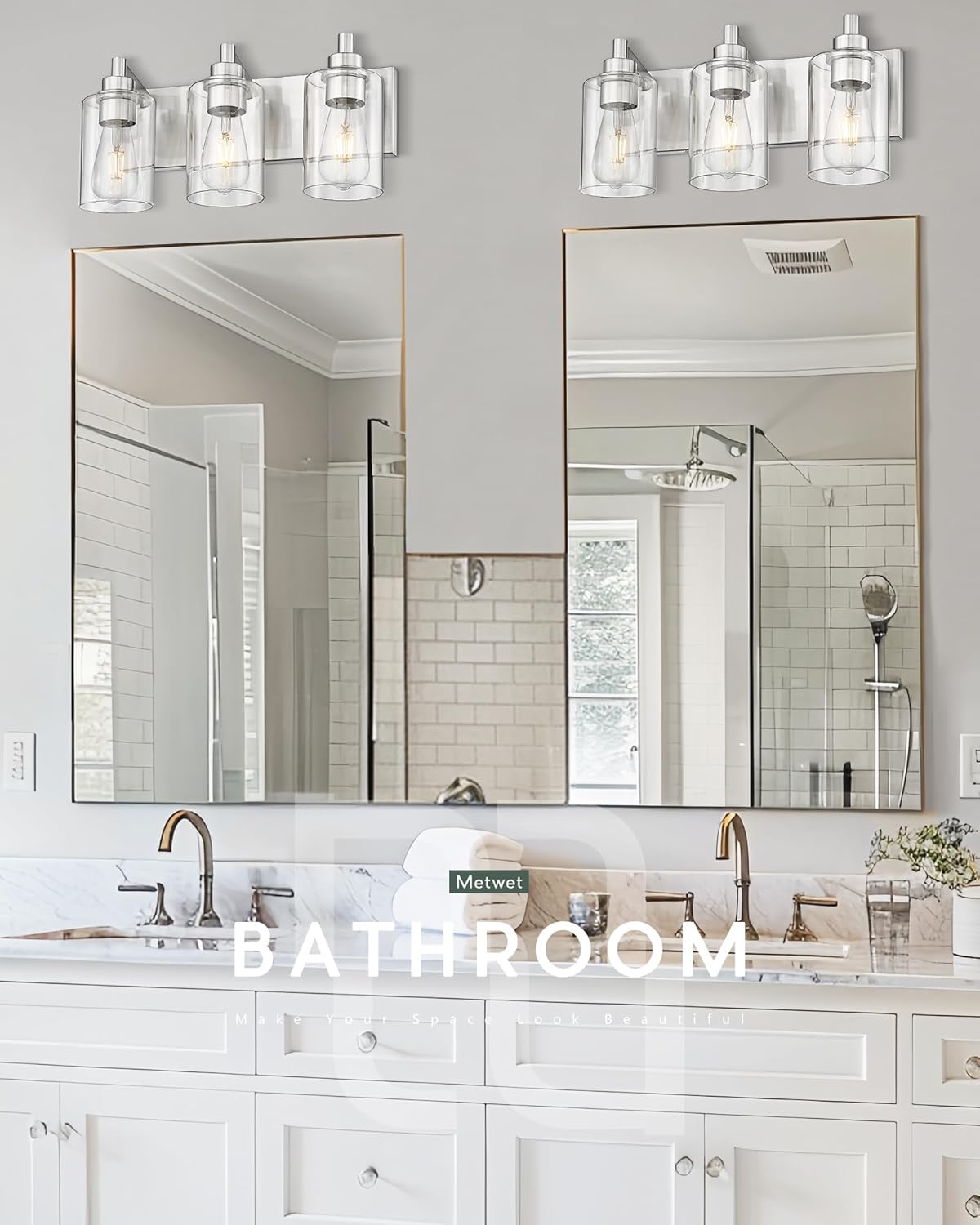 3-Light Bathroom Light Fixtures, Brushed Nickel Vanity Light with Cylinder Clear Glass Shade