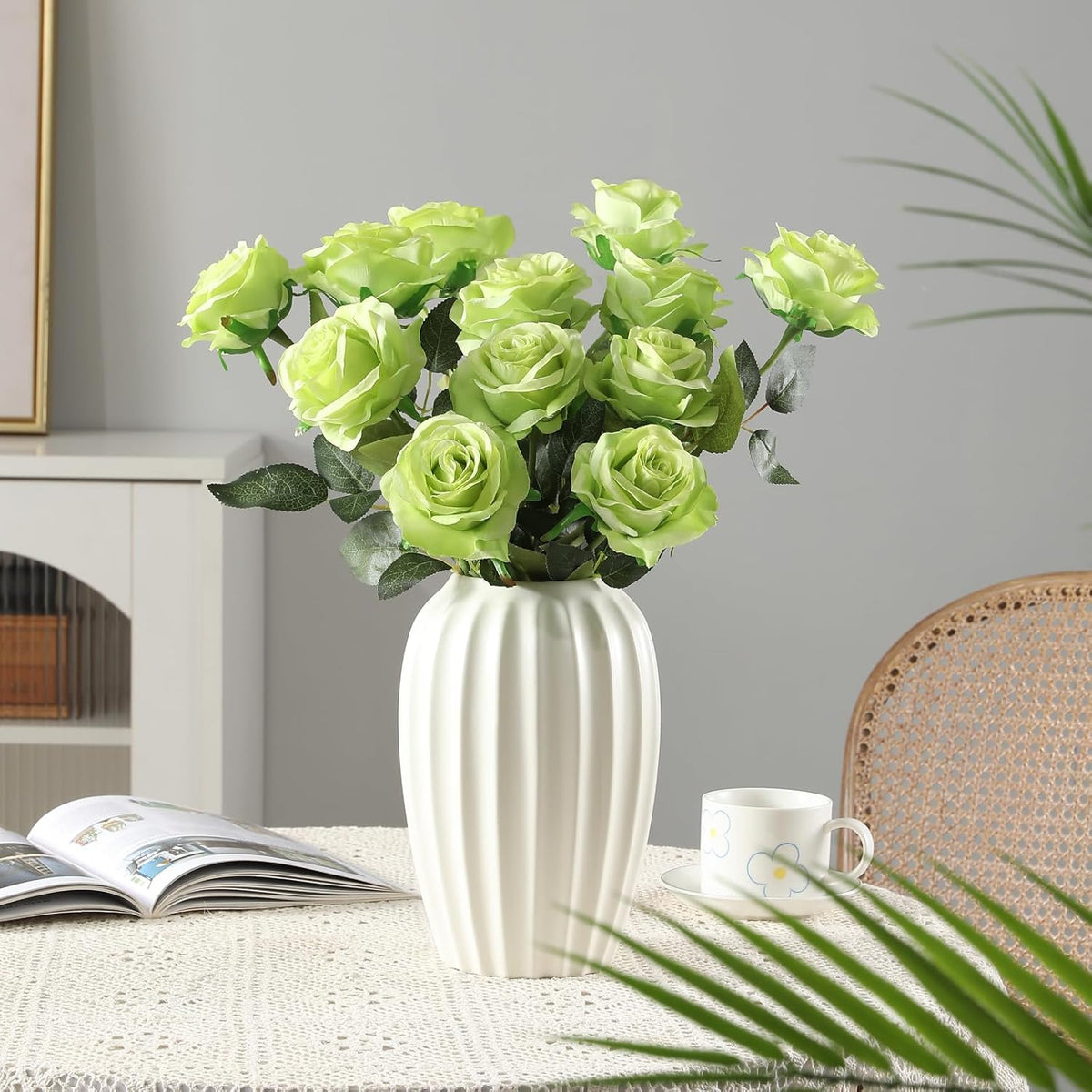 Tifuly Green Roses Artificial Flowers -12Pcs Realistic Single Long Stem Fake Silk Roses Bouquet for