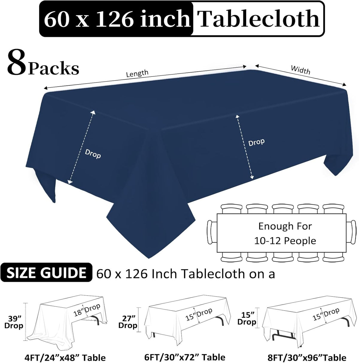 8 Pack Navy Blue Tablecloth 60 x 126 Inch Rectangular Tablecloths for 8 Foot Rectangle Tables