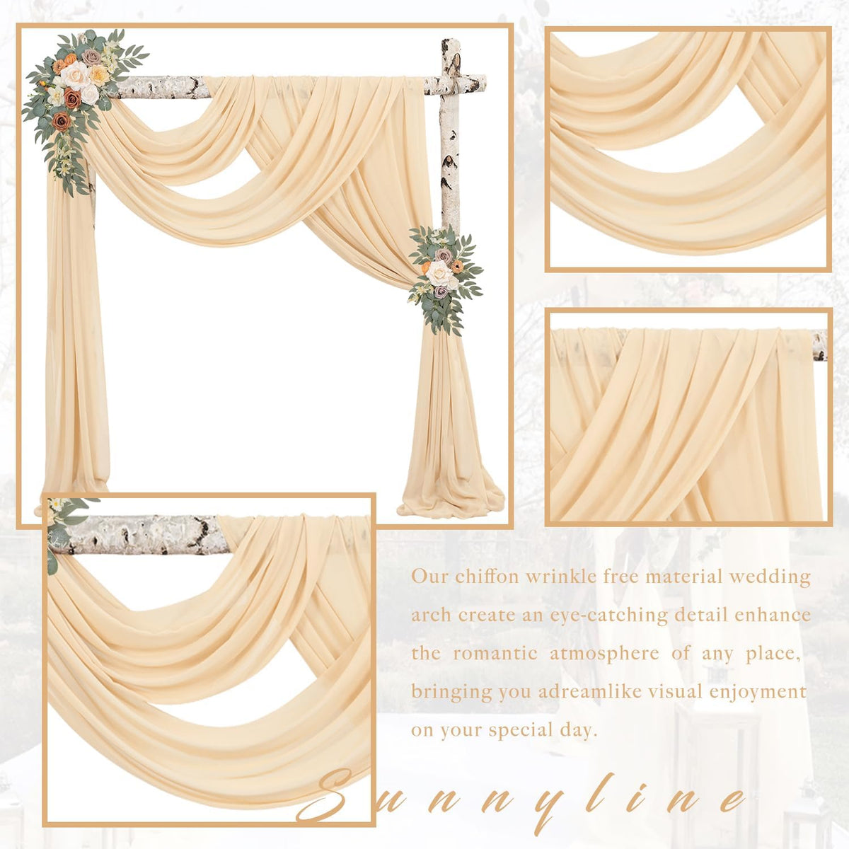 4 Panels Wedding Arch Draping Fabric 20Ft Length x 28" Width Champagne Arch Drapes Chiffon Fabric