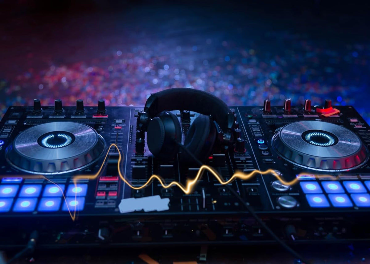 CORFOTO 10x8ft Fabric Dj Mixer with Headphones Backdrop Photography Dj Sound Equipment in Dark