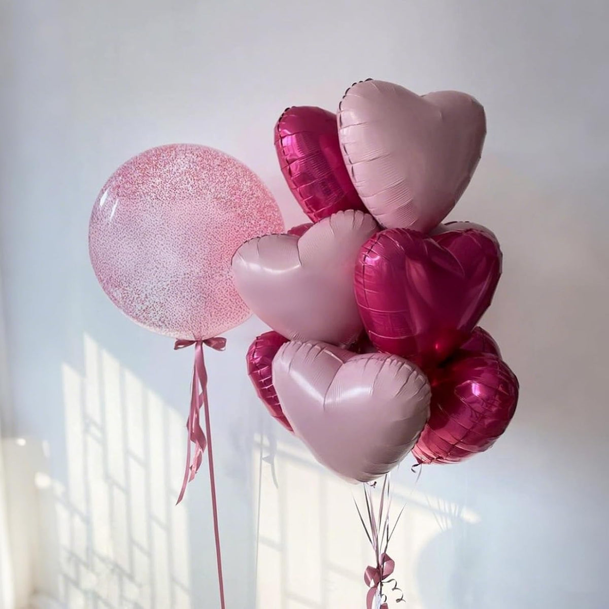 Hot Pink White Heart Balloons,12Pcs 18 Inch Light Pink Helium Foil Love Heart Shaped Balloons for