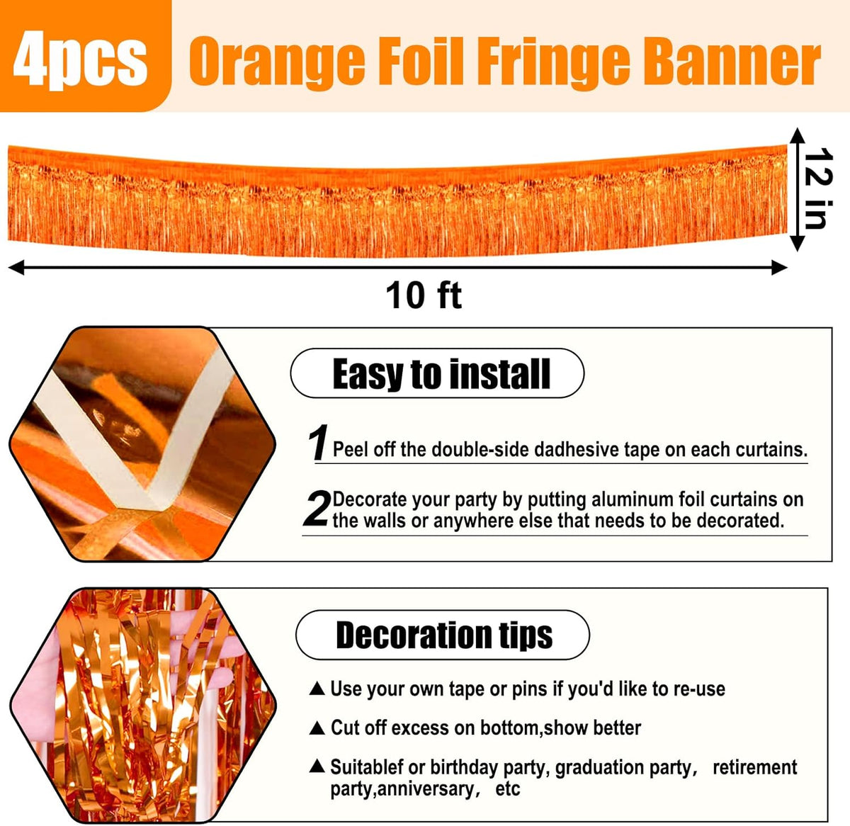 4 Pack 10 Feet Orange Foil Fringe Garland Metallic Tinsel Streamers Banner Wall Hanging Curtain
