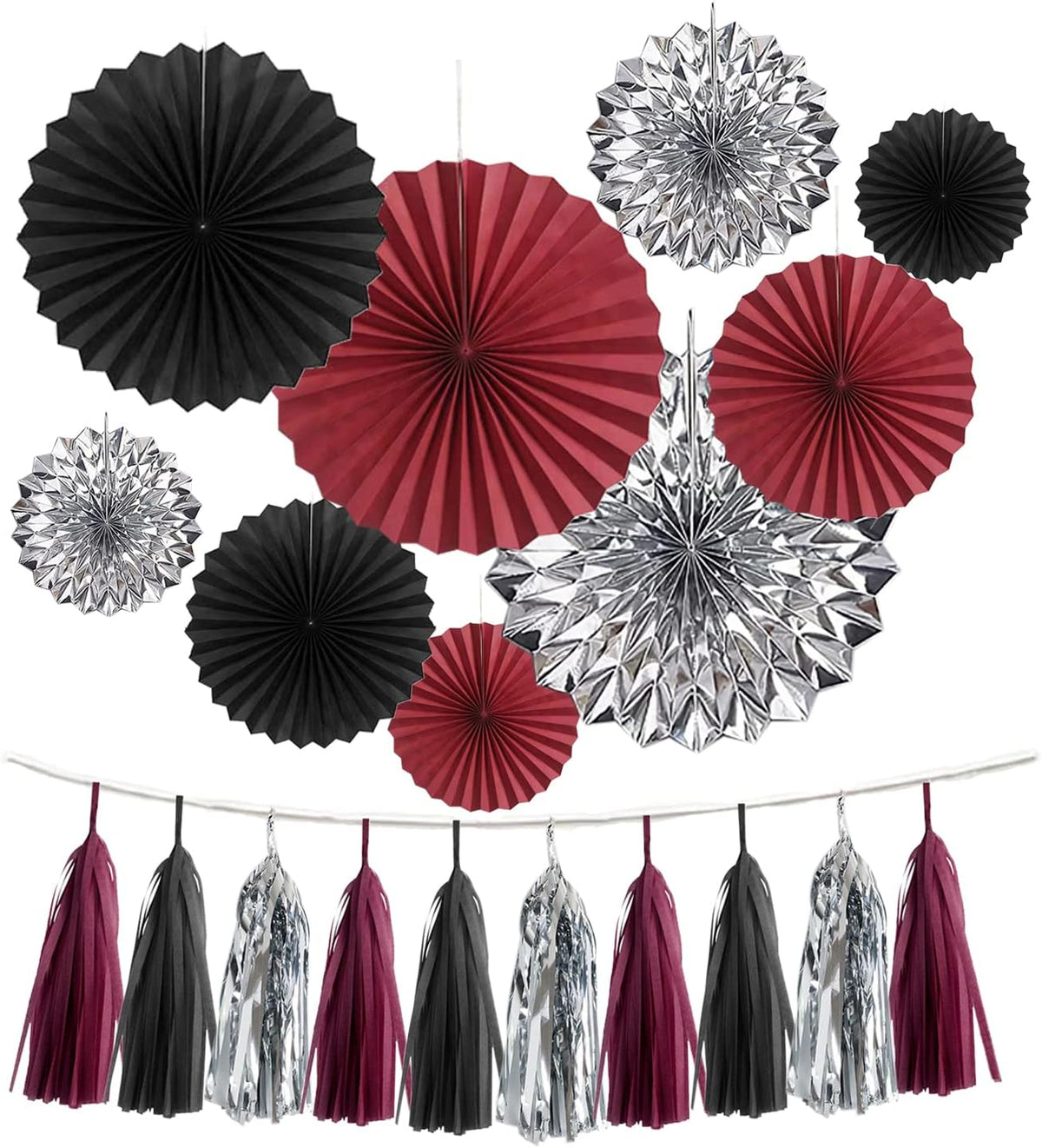 24PCS Maroon Decorations Burgundy Black Silver Party Decor Tassel Garland Banner Paper Flower Fans