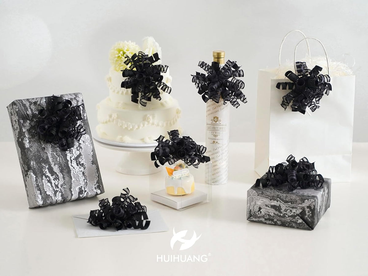 HUIHUANG Black Bows for Gift Wrapping Curly Gift Bow 5 inch x 8 Counts Self-Adhesive Ribbon Bows