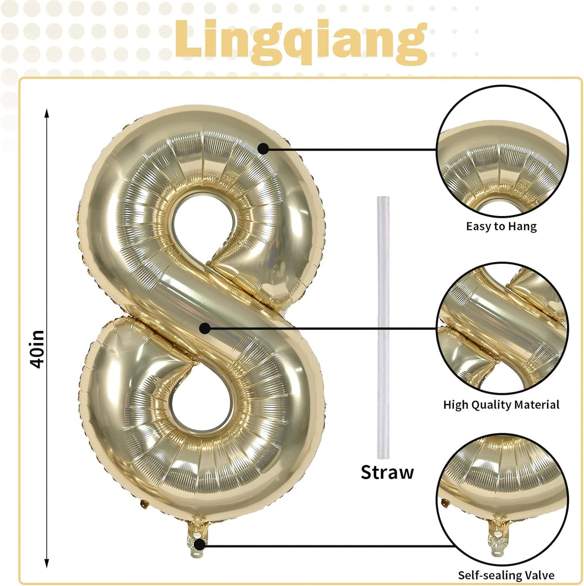 Champagne Gold 8 Balloons, 40" Giant Helium Foil Number 0-9 Light Gold Birthday Balloon for Boys
