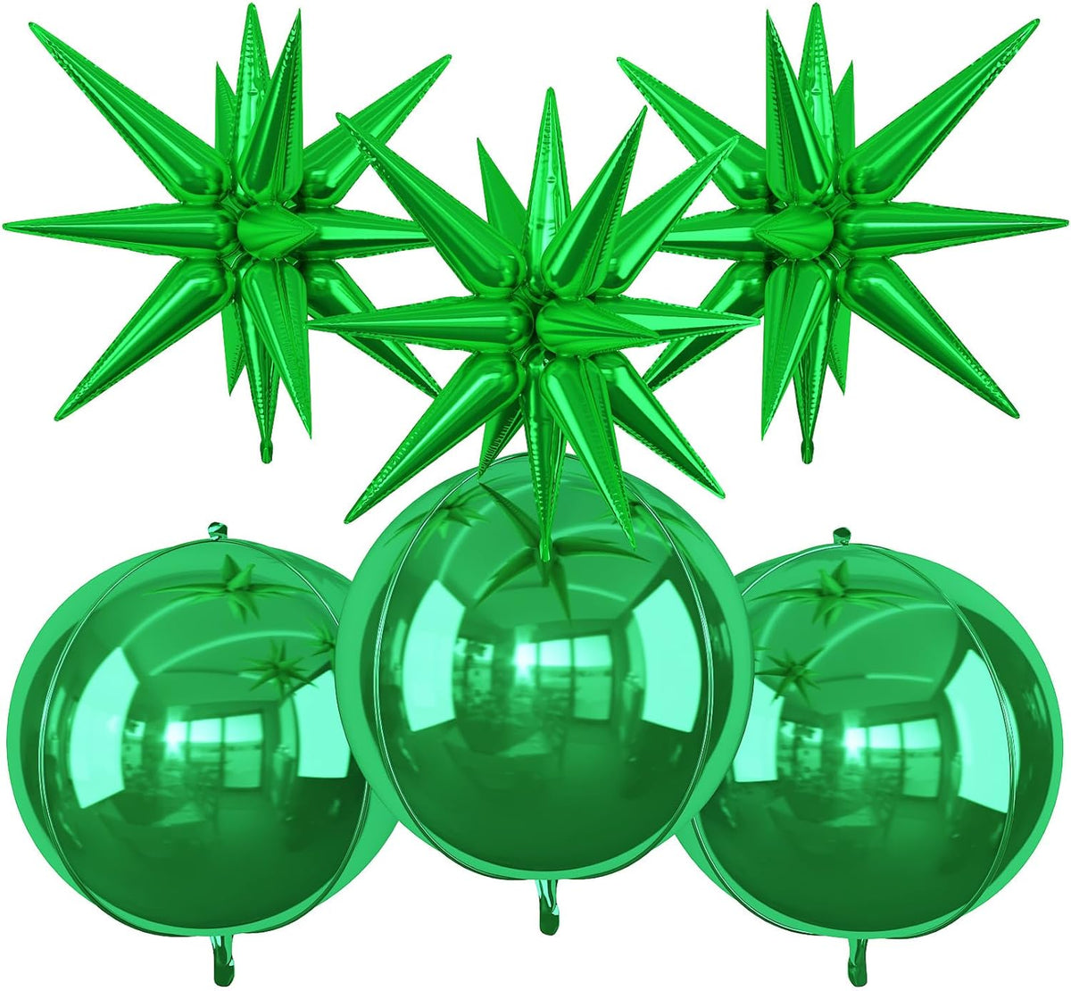 6Pcs Green Foil Balloons,22Inch Dark Green 4D Round Ball Balloon and Explosion Star Balloon for