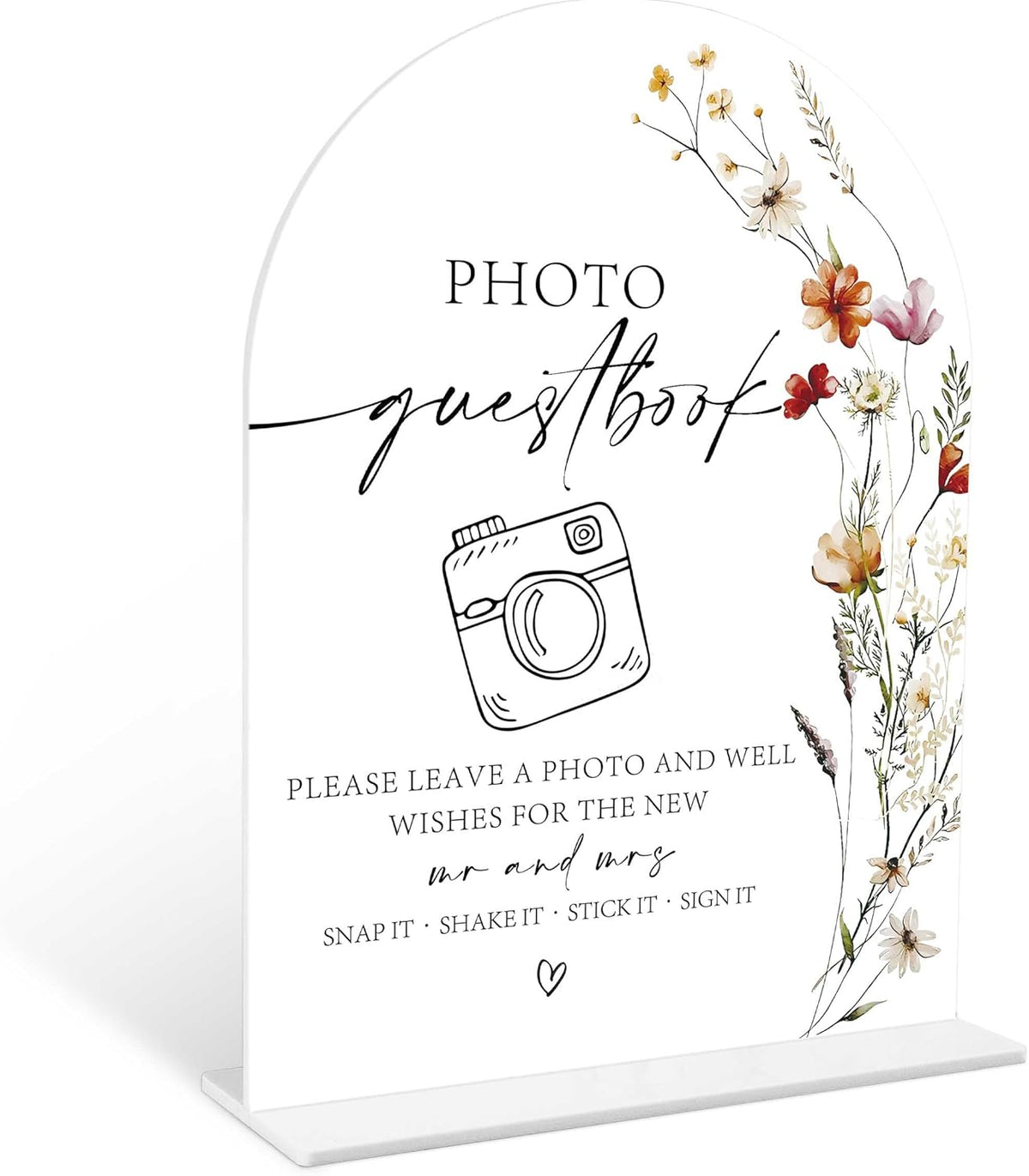 Boho Floral Photo Guestbook Sign, 6 x 8 Inch White Arch Acrylic Wedding Sign with Holder, Wedding