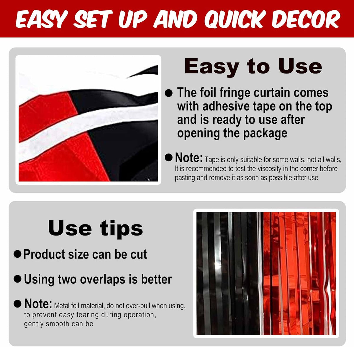 6 Pack Black and Red Foil Fringe Curtains Backdrop, 3.28 x 8.2 Ft Metallic Streamers Tinsel