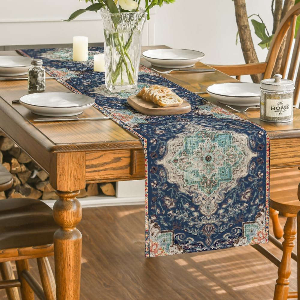 Artoid Mode Boho Bohemia Style Blue Table Runner, Country Rustic Farmhouse Magical Winter Kitchen