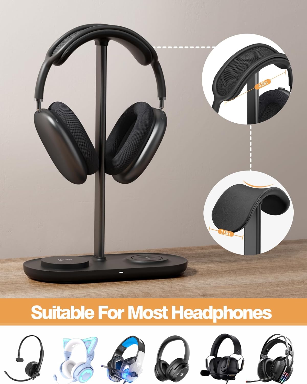 HiWe Universal Headphone Stand, Magnetic Wireless Charger for iPhones/AirPods/iWatch, Aluminum
