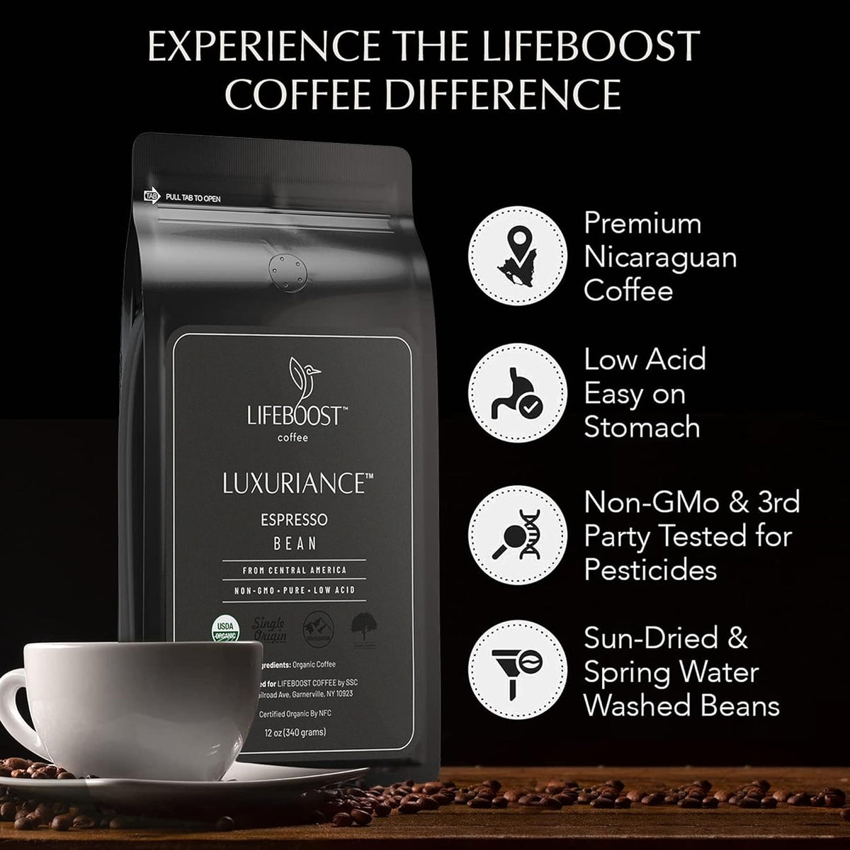 Lifeboost Organic Espresso Beans Whole – USDA Organic, Low Acid, Mold-Free Dark Roast Coffee