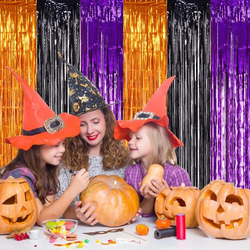 TONIFUL 2Pcs Orange Purple Black Metallic Tinsel Foil Fringe Curtains,3.28ft x 6.56ft Halloween