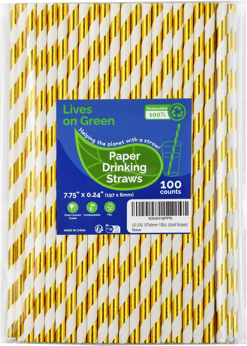 7.75 inch Gold/White Striped Paper Straws for Drinking 100 Counts for Bar, Restaurant, Wedding