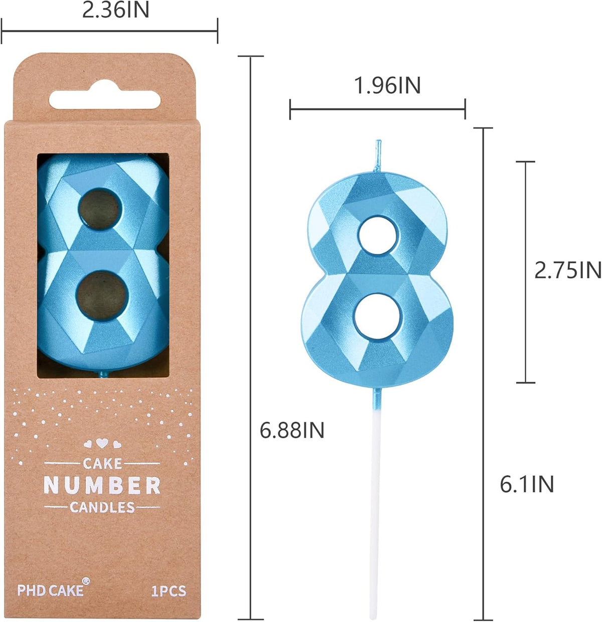 PHD CAKE 2.76 Inch Crystal Blue 8 Number Birthday Candles, Blue Number Candles, Cake Number