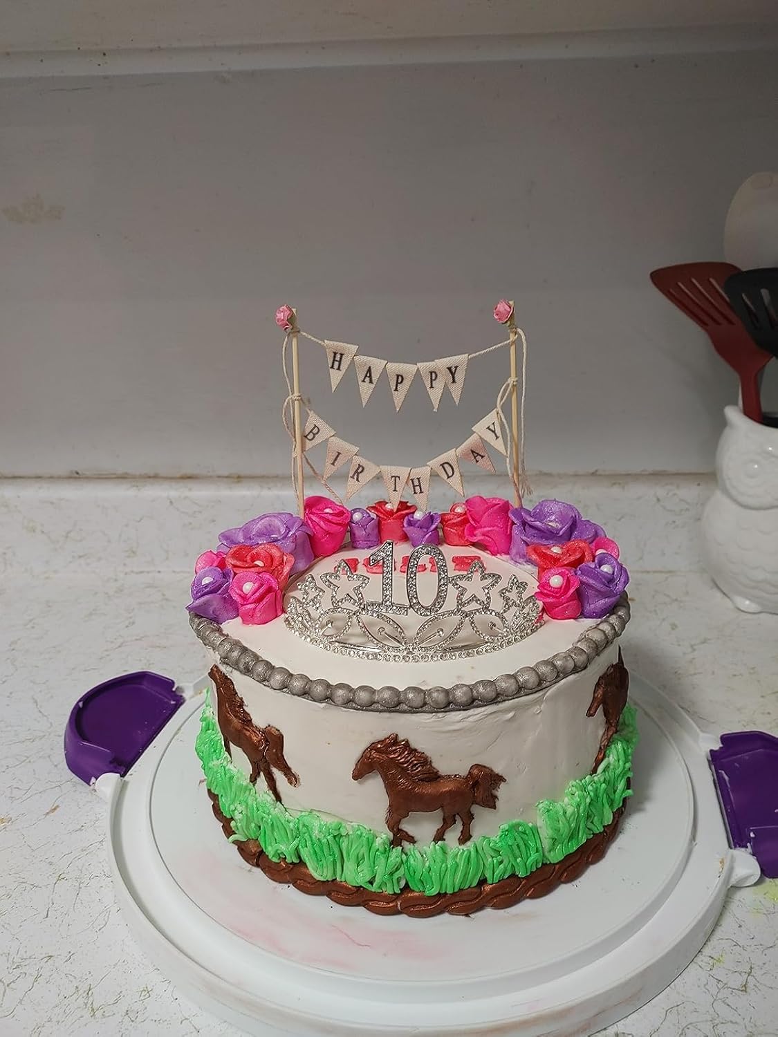 Happy Birthday Cake Bunting Topper Cake Topper Garland, Handmade Pennant Flags with Wood Pole Ivory