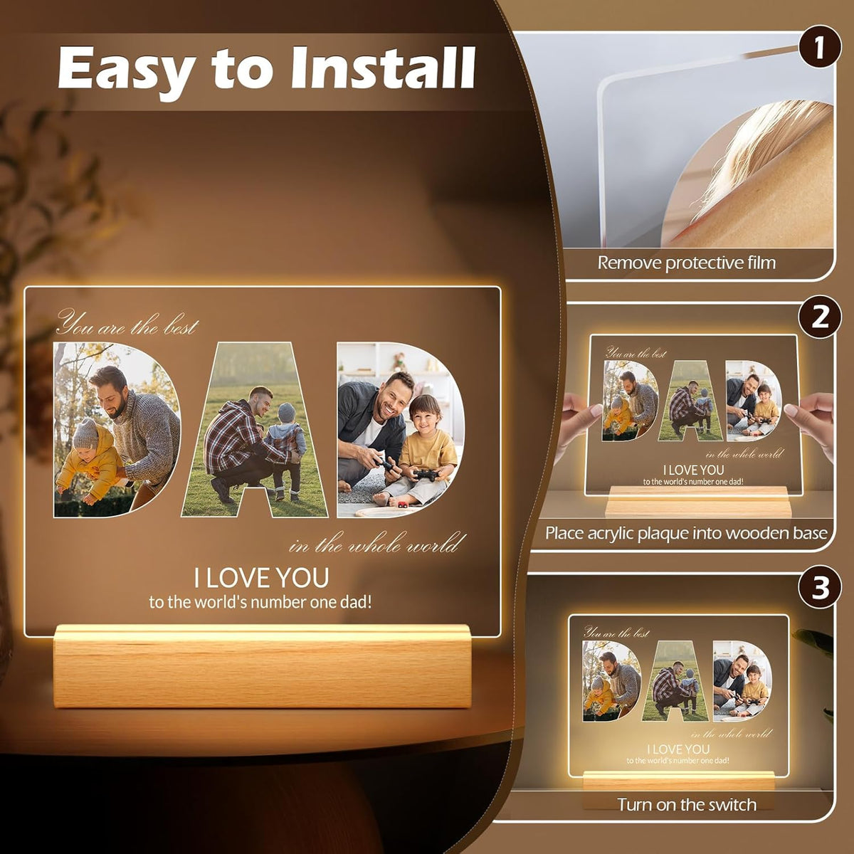 Personalized Gifts for Dad from Daughter & Son, Custom DAD Picture Frames with Photo, Customized