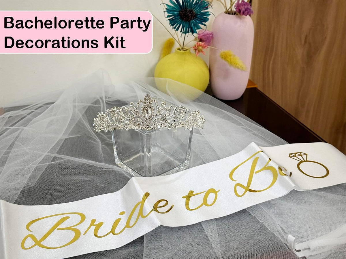 JETKONG 3 Pcs Bachelorette Party Decorations Bridal Shower Crown, Bride to Be Sash&Veil for Women