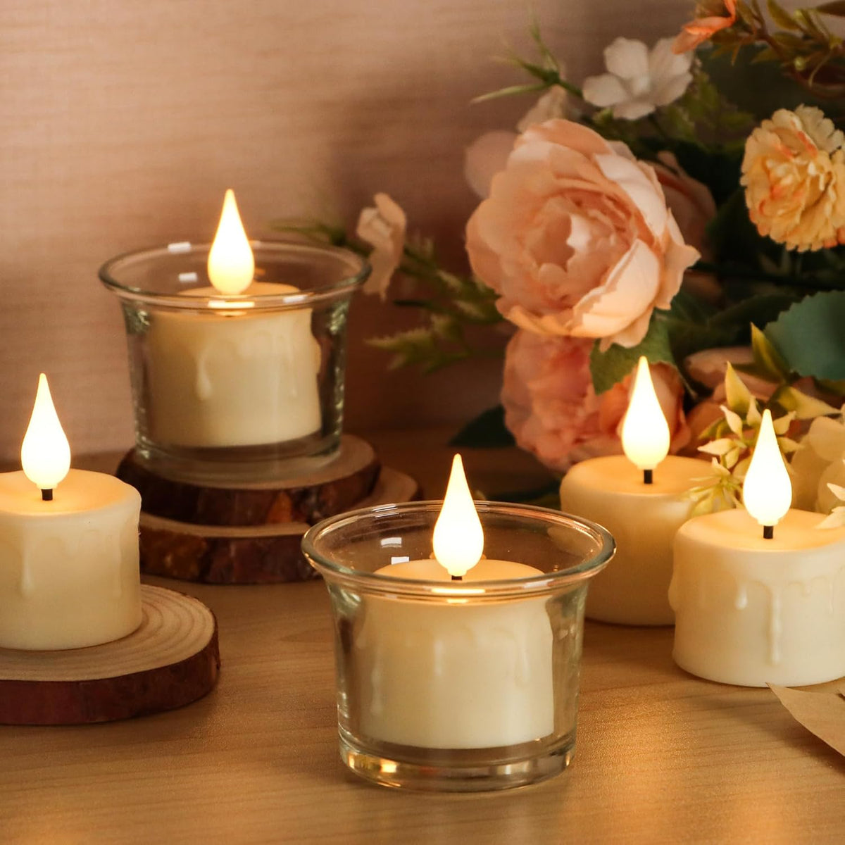 FREEPOWER Rechargeable Flameless Tea Lights with Remote Timer, Soft 3D Wick LED Tealights Candles