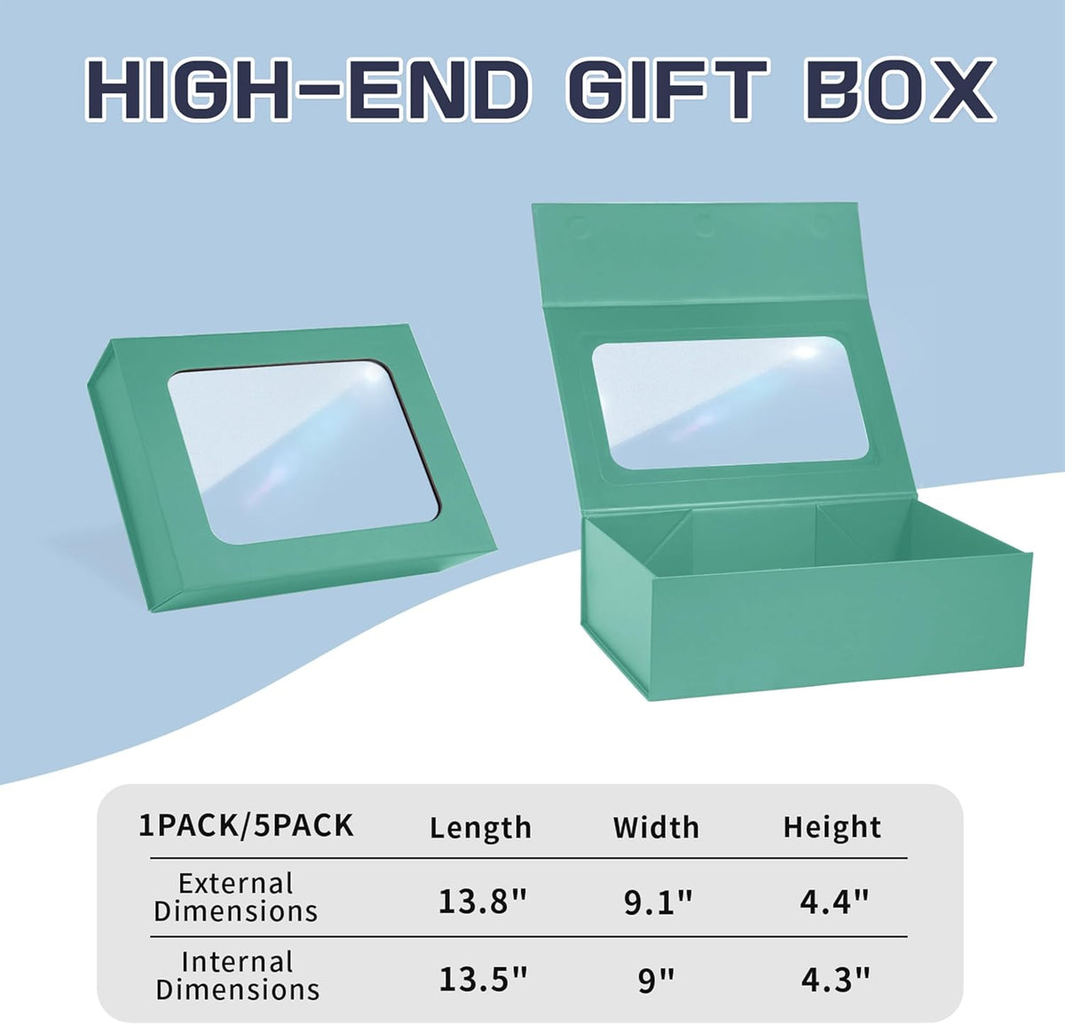 Light Green Large Gift Boxes with Window, 13.5"x9"x4.3" Bridesmaid Boxe for Gift Giving,Birthday