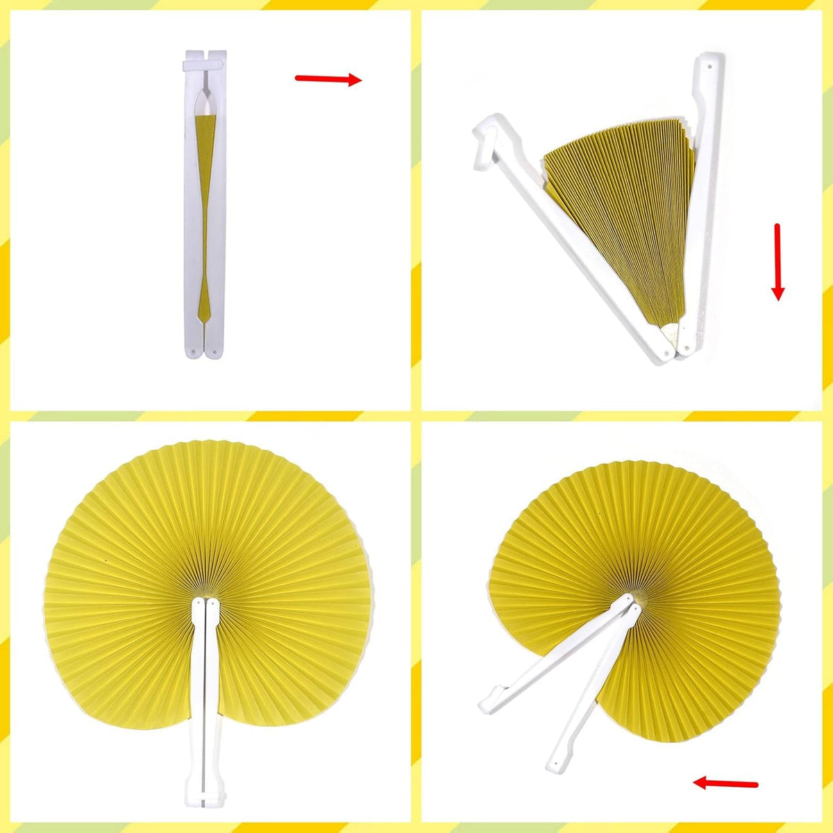 12 Packs Decorative Paper Folding Hand Fans Handheld,Yellow Round Foldable Wedding Fans Chinese and