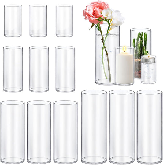 12 Pack Glass Cylinder Vases 4,6,8,10 Inch Tall Clear Flower Vase Hurricane Floating Candle Holder