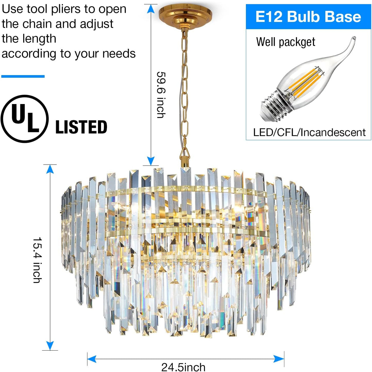 Gold Copper Crystal Chandelier Lighting 24'' for Dining Rooms Bedroom Foyer Entryway Ceiling
