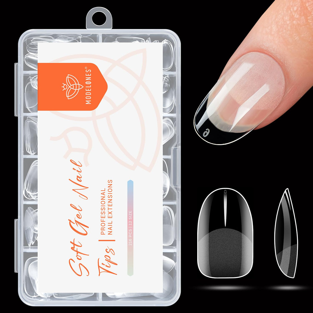 modelones Short Oval Nail Tips, Pre-shaped Soft Gel Tips Fake Nails False Acrylic Clear Full Cover