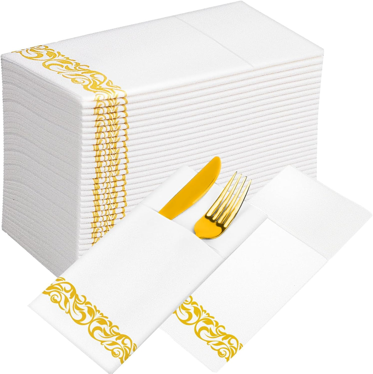 KAMMAK White Dinner Paper Napkins with Pocket Disposable 100 Pack Yellow Trim Linen Feel Wedding