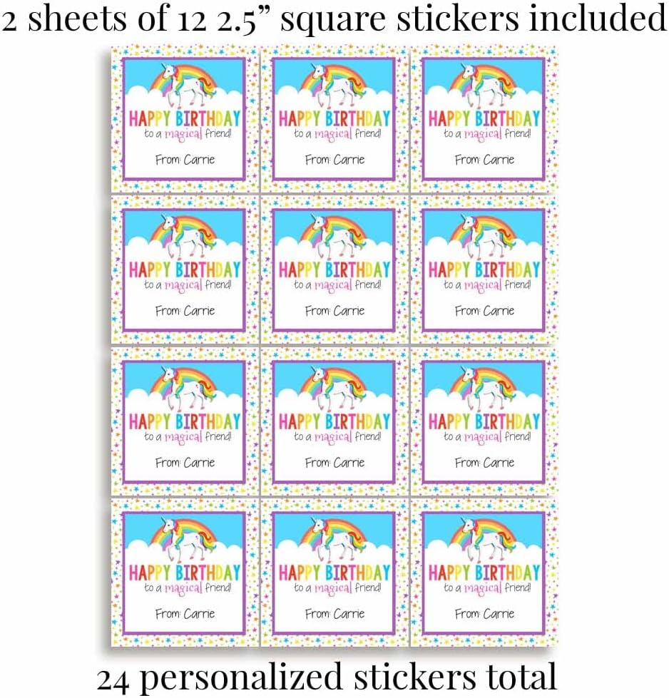 Custom & Personalized Rainbow Unicorn Happy Birthday Gift Tag Sticker Labels, 24 2.5" Square