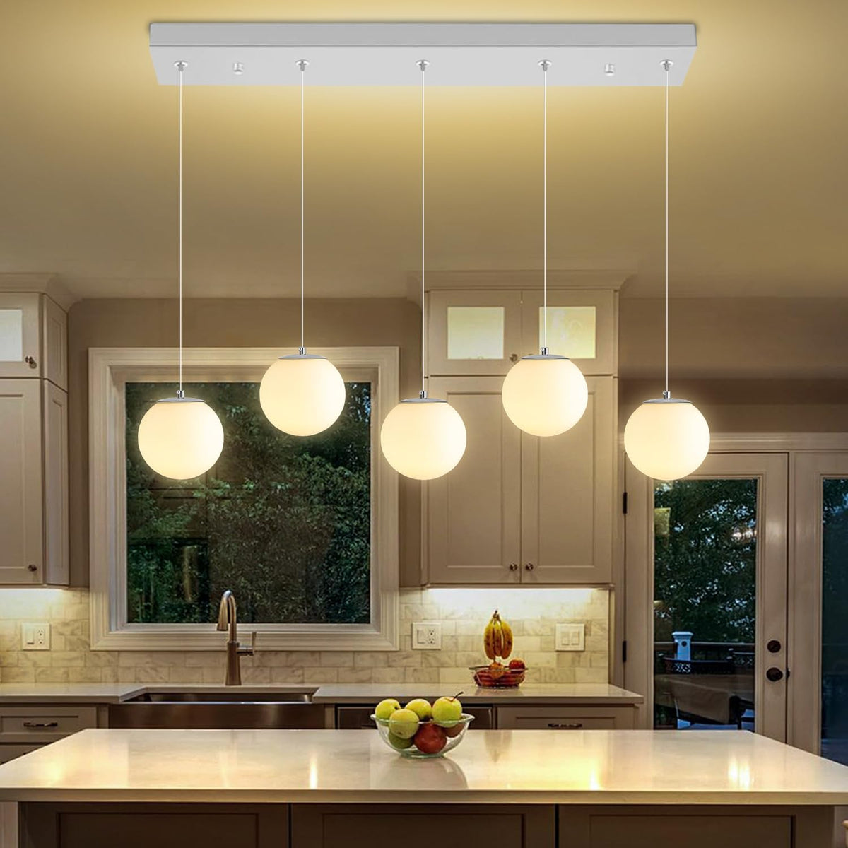 5-Lights Globe Pendant Light for Kitchen Island H 98" Silver Rectangle Chandelier Milk White Glass