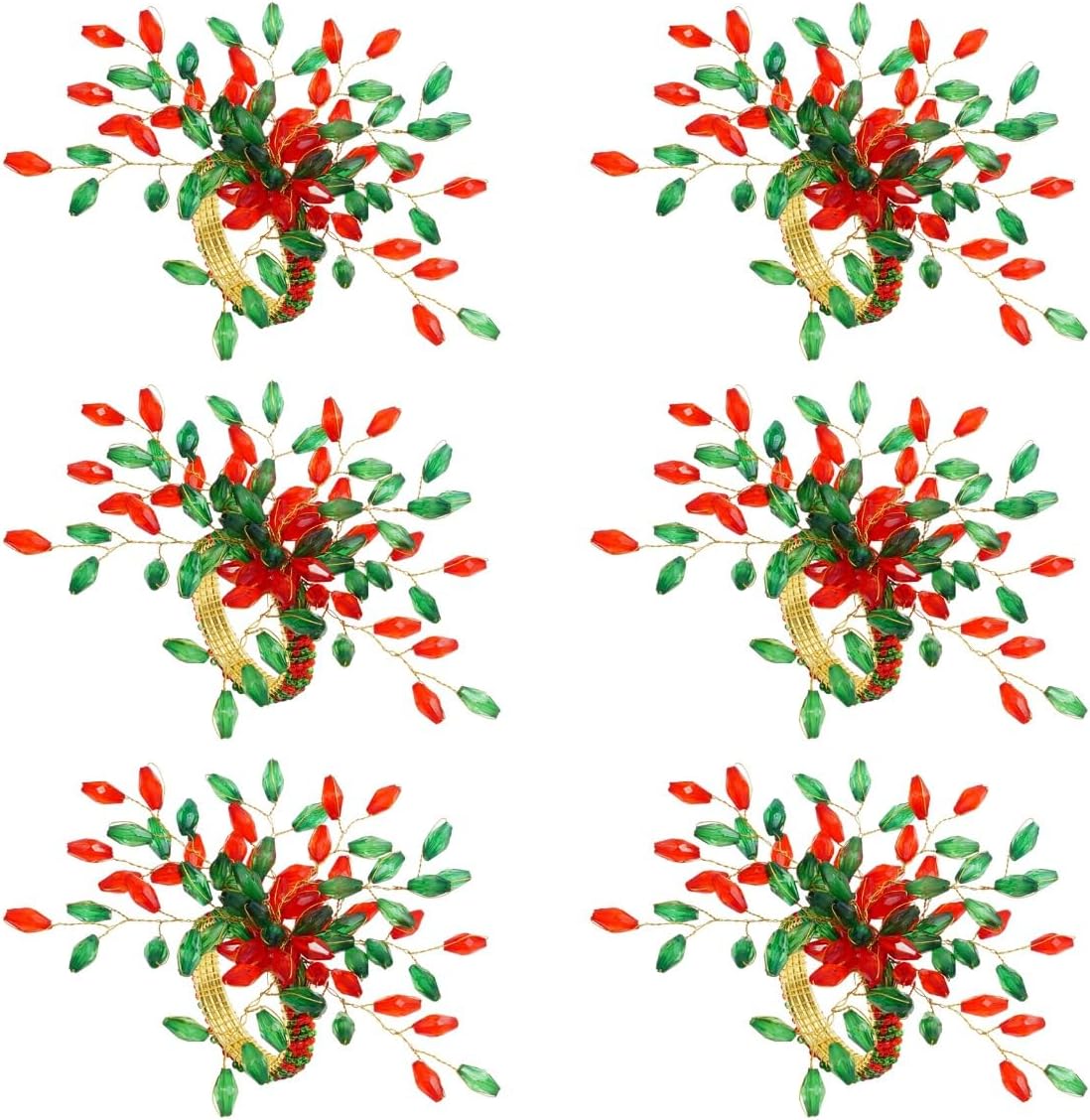Handcrafted Beaded Napkin Rings Set of 6 – Red & Green Crystal Flower Design, Elegant Table Décor