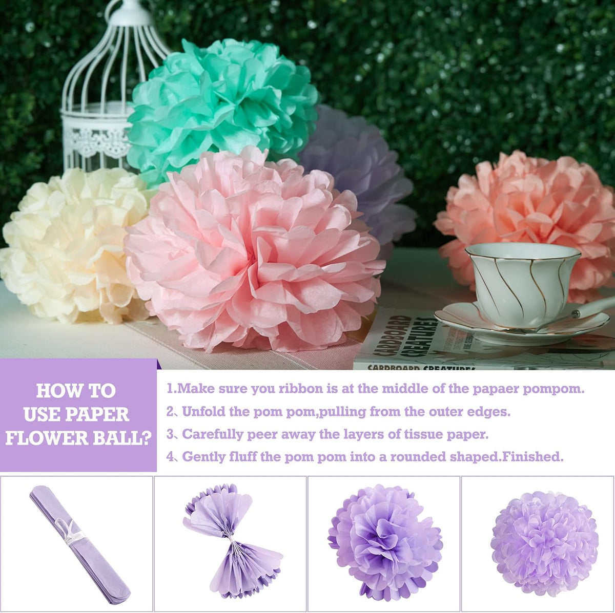 EASY JOY 15PCS Pastel Paper Tissue Pom Poms Decoration Macaron Rainbow Candy Ice Cream Easter