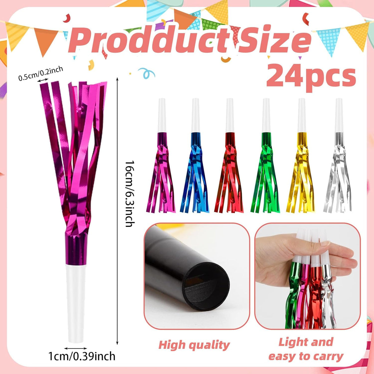 Party Blowers, 24 PCS New Years Noise Makers, Glitter Metallic Fringed Party Blowouts for Kids