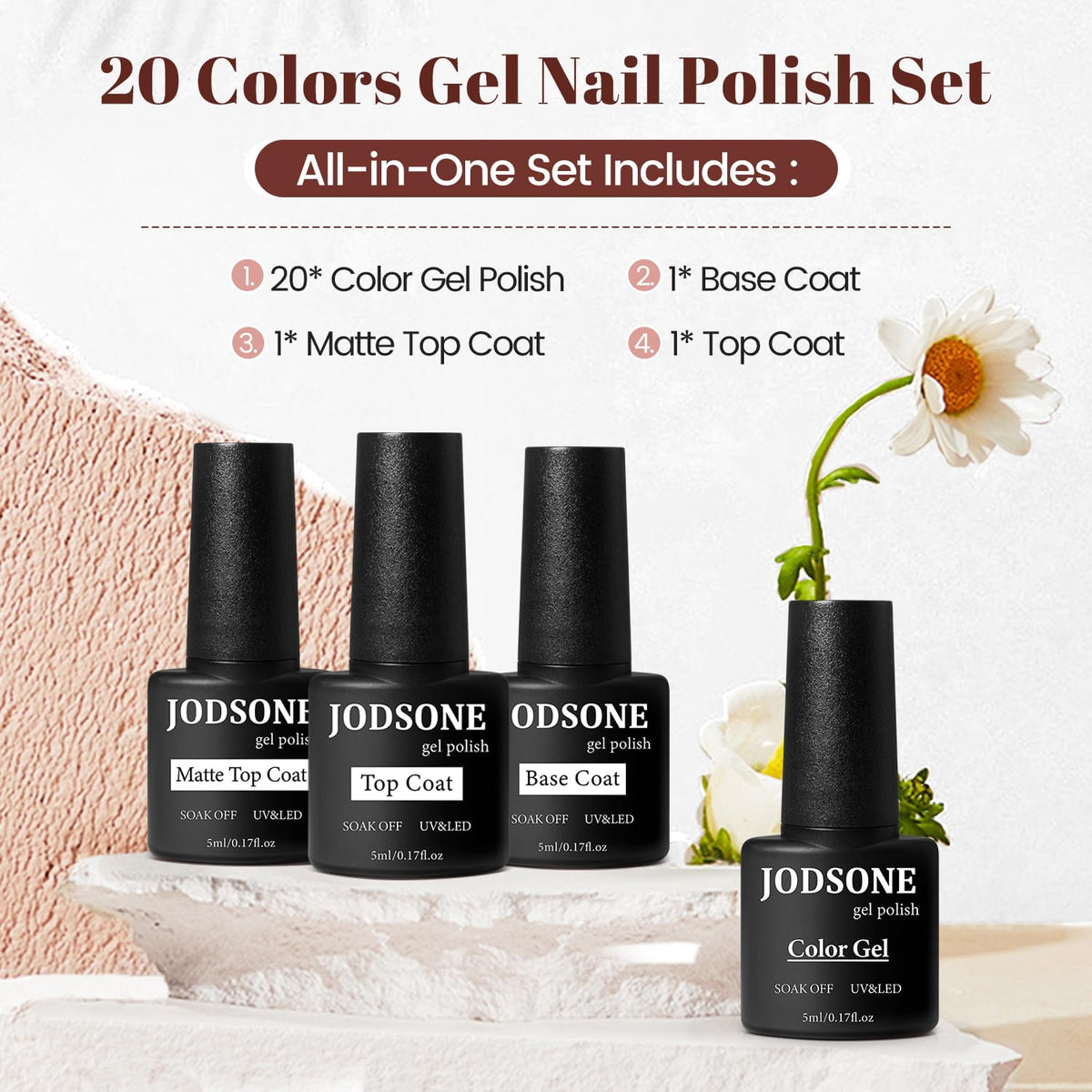 JODSONE 23 PCS Gel Nail Polish Set with Base Glossy and Matte Top Coat Multicolored Gel Nail Long