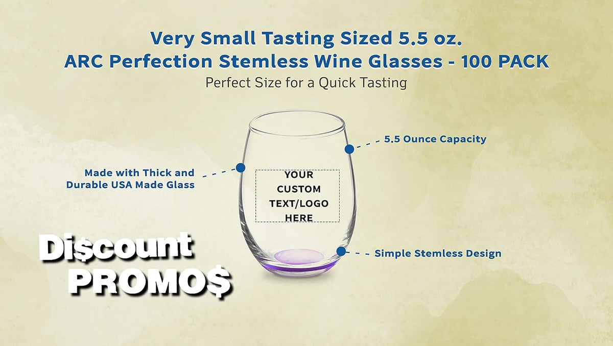 Custom Stemless Wine Glasses by ARC 5.5 oz. Set of 100, Personalized Bulk Pack - Perfect for Hotel