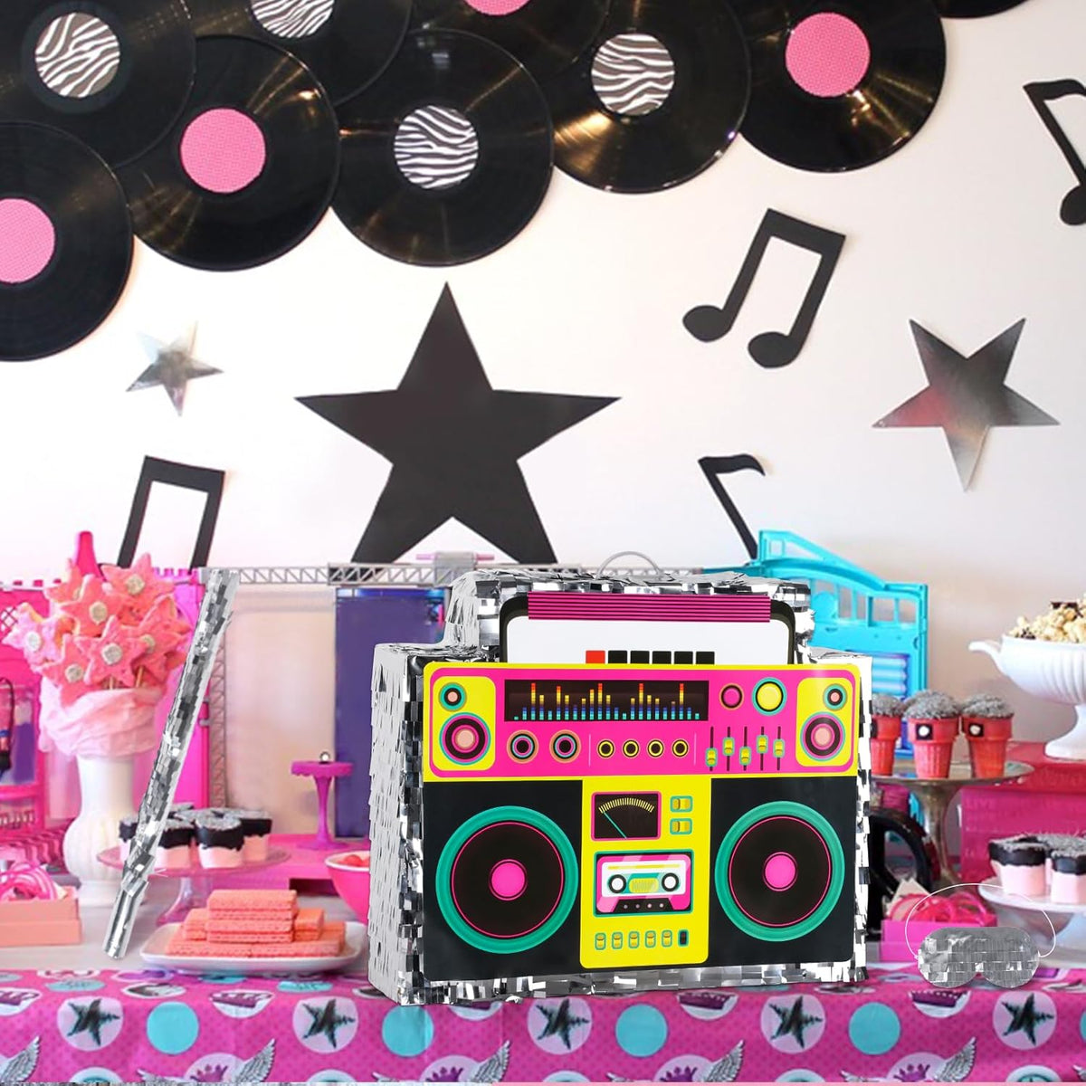 Boombox Pinata with Stick & Hanging Loop Retro 90s Hip Hop Mexican Pinata Game for Back to the 80s