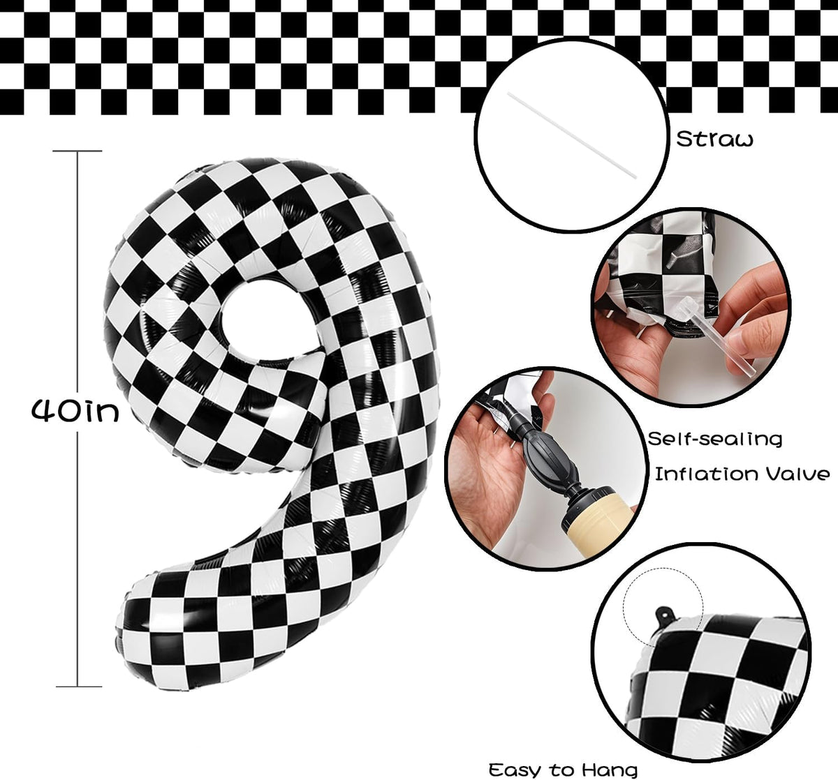 40 Inch Checkered Number Balloon - Race Flag Pattern Big Helium Balloon for Birthday Party