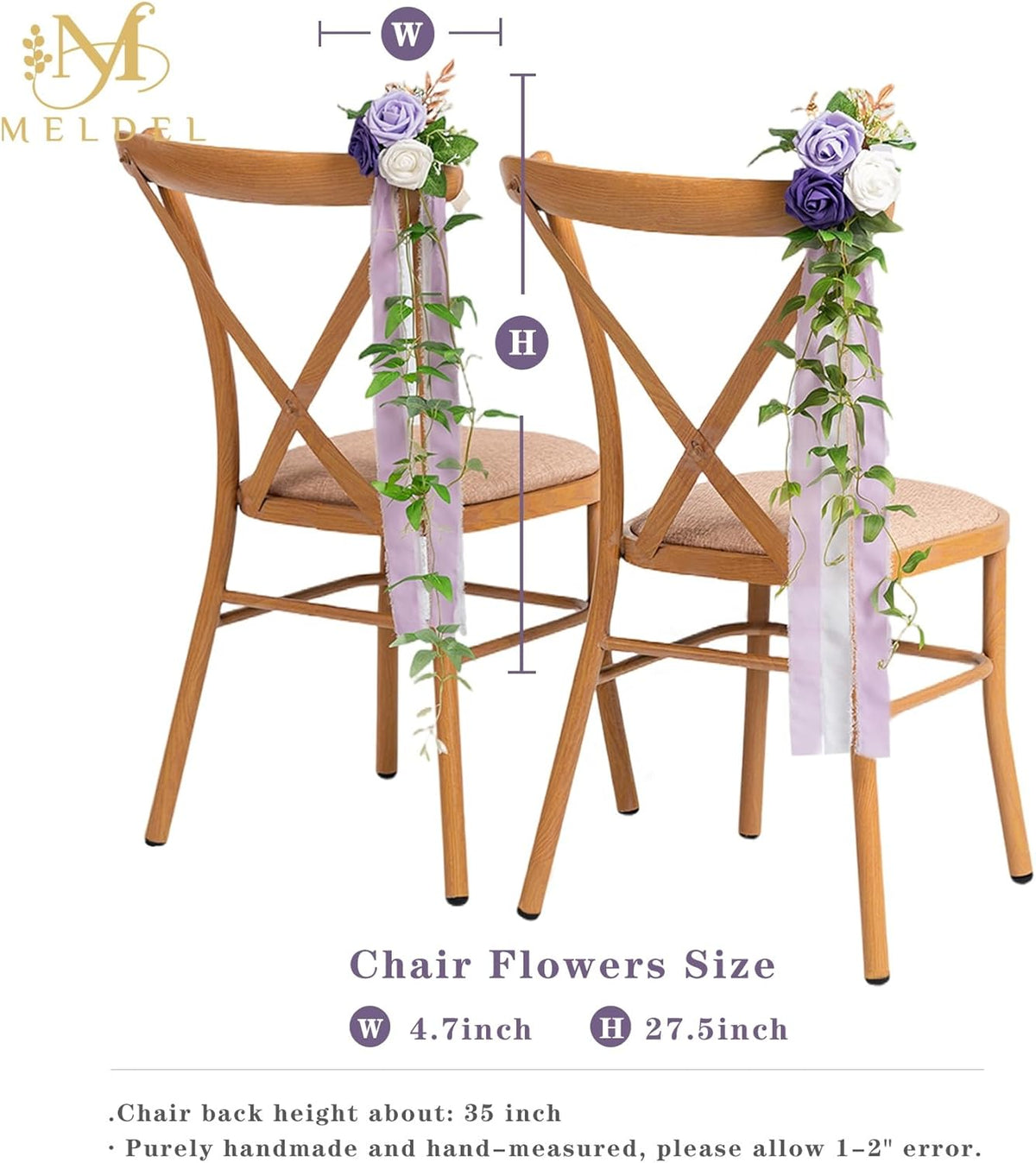 Meldel Wedding Chair Decorations Set of 10 Aisle Artificial Flowers White Puprle Rose Garland with