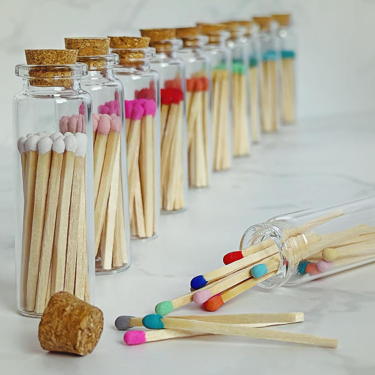 Thankful Greetings 2" Matches in 3 Glass Bottles Cork Top, Striker Stickers Included | 60