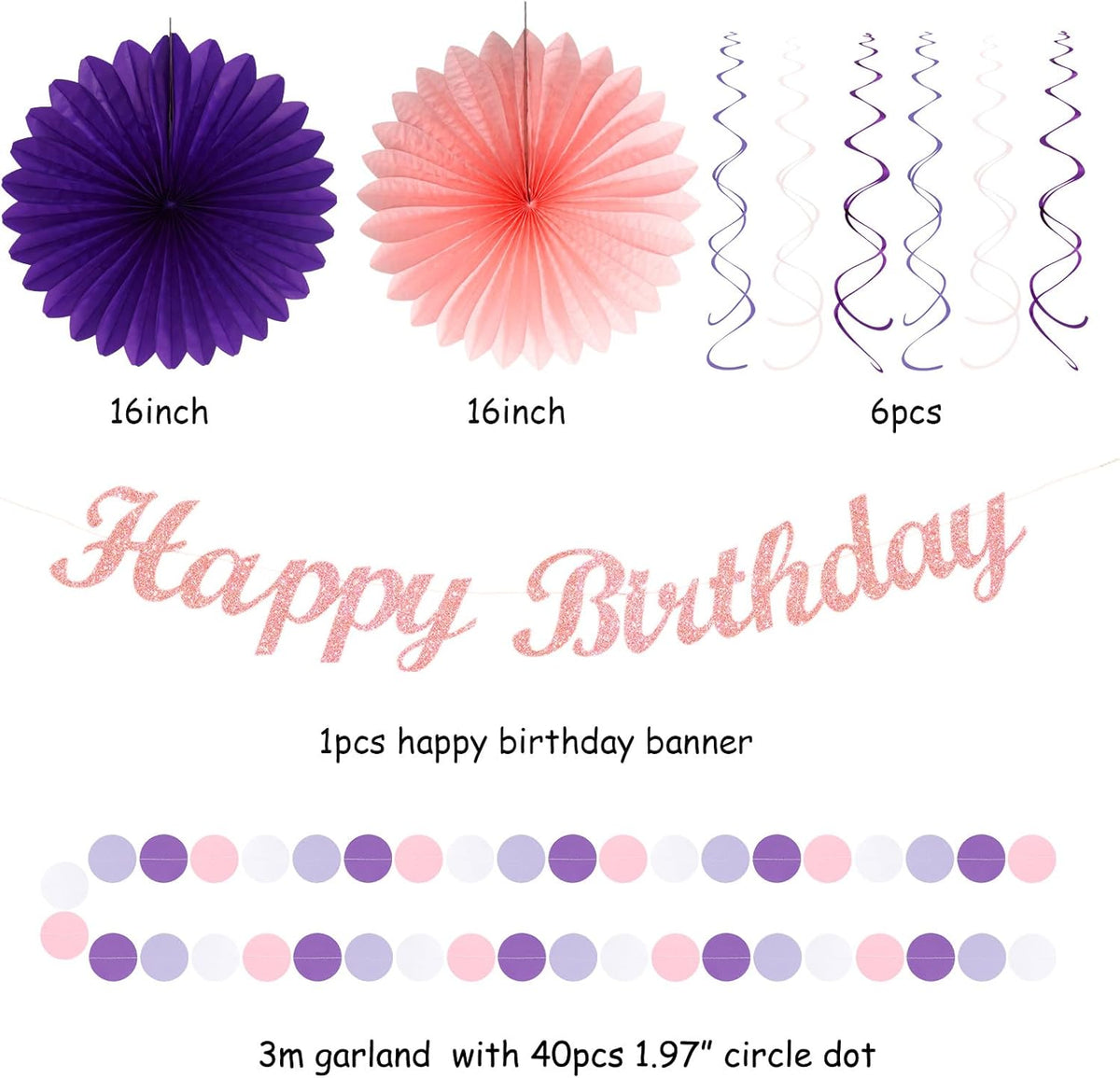 Purple Lilac-Lavender Pink Women Birthday Party-Decorations - 21pcs Happy Banner,Paper Lanterns