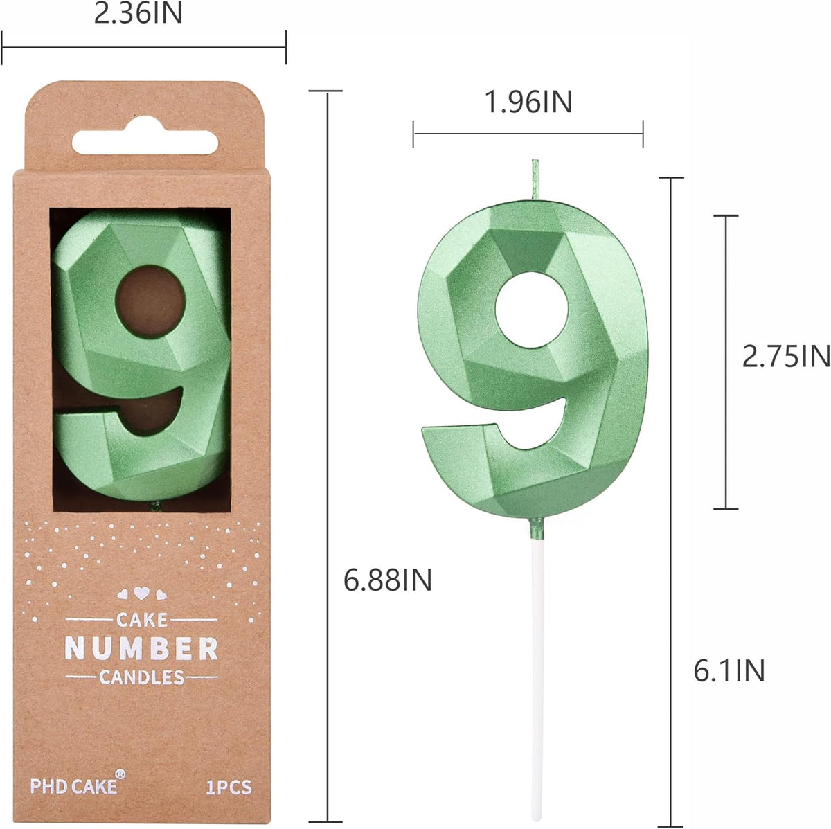 PHD CAKE 2.76 Inch Crystal Green 9 Number Cake Candle, Numeral Birthday Candles, Green Number