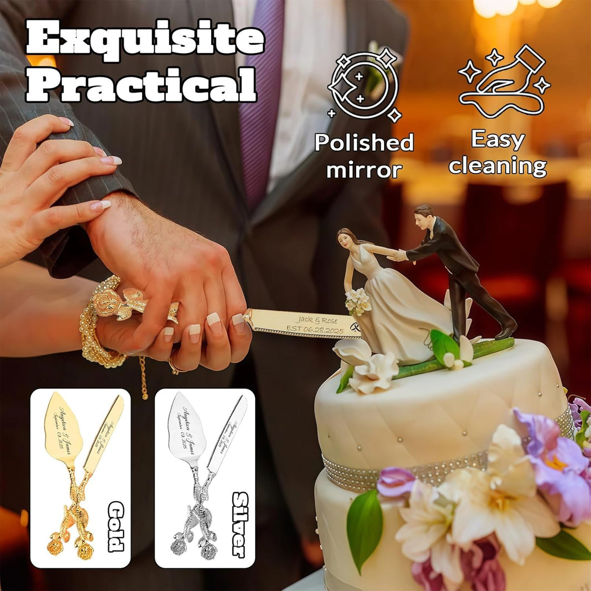 Personalized Wedding Cake Knife and Server Set, Custom Name/Date Cake Cutting Set for Wedding